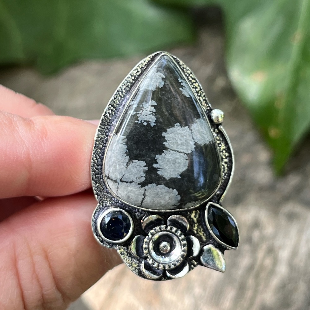 Size 6.25 925 Silver‎ Plated Snowflake Obsidian ring